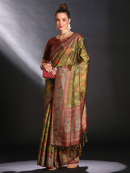 Women's Cotton Blend Olive Printed Designer Saree With Blouse Piece