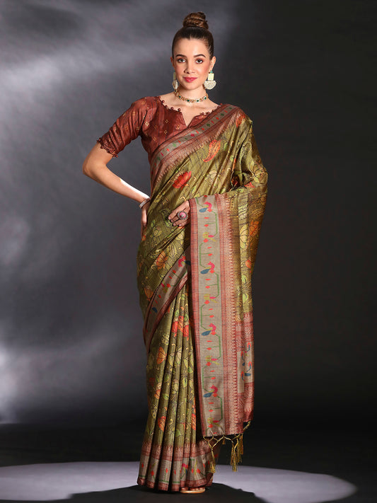 Women's Cotton Blend Olive Printed Designer Saree With Blouse Piece