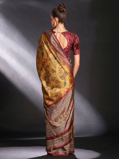 Women's Cotton Blend Mustard Printed Designer Saree With Blouse Piece