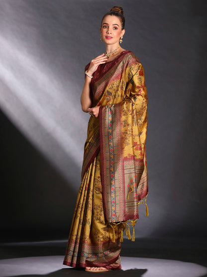 Women's Cotton Blend Mustard Printed Designer Saree With Blouse Piece
