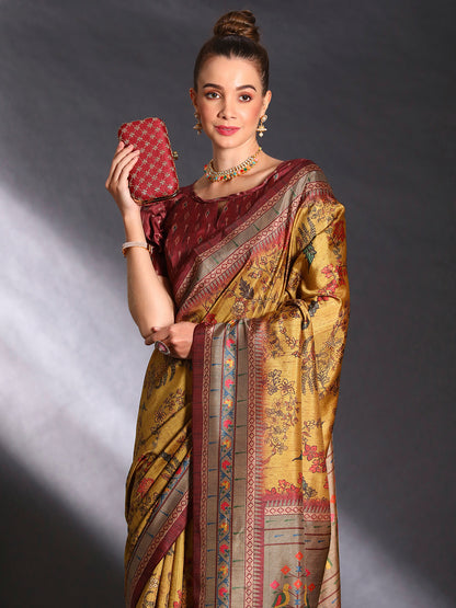 Women's Cotton Blend Mustard Printed Designer Saree With Blouse Piece