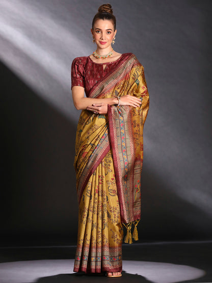 Women's Cotton Blend Mustard Printed Designer Saree With Blouse Piece