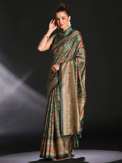 Women's Cotton Blend Sea Green Printed Designer Saree With Blouse Piece