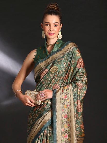 Women's Cotton Blend Sea Green Printed Designer Saree With Blouse Piece