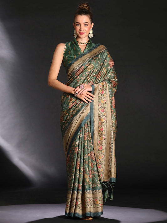 Women's Cotton Blend Sea Green Printed Designer Saree With Blouse Piece