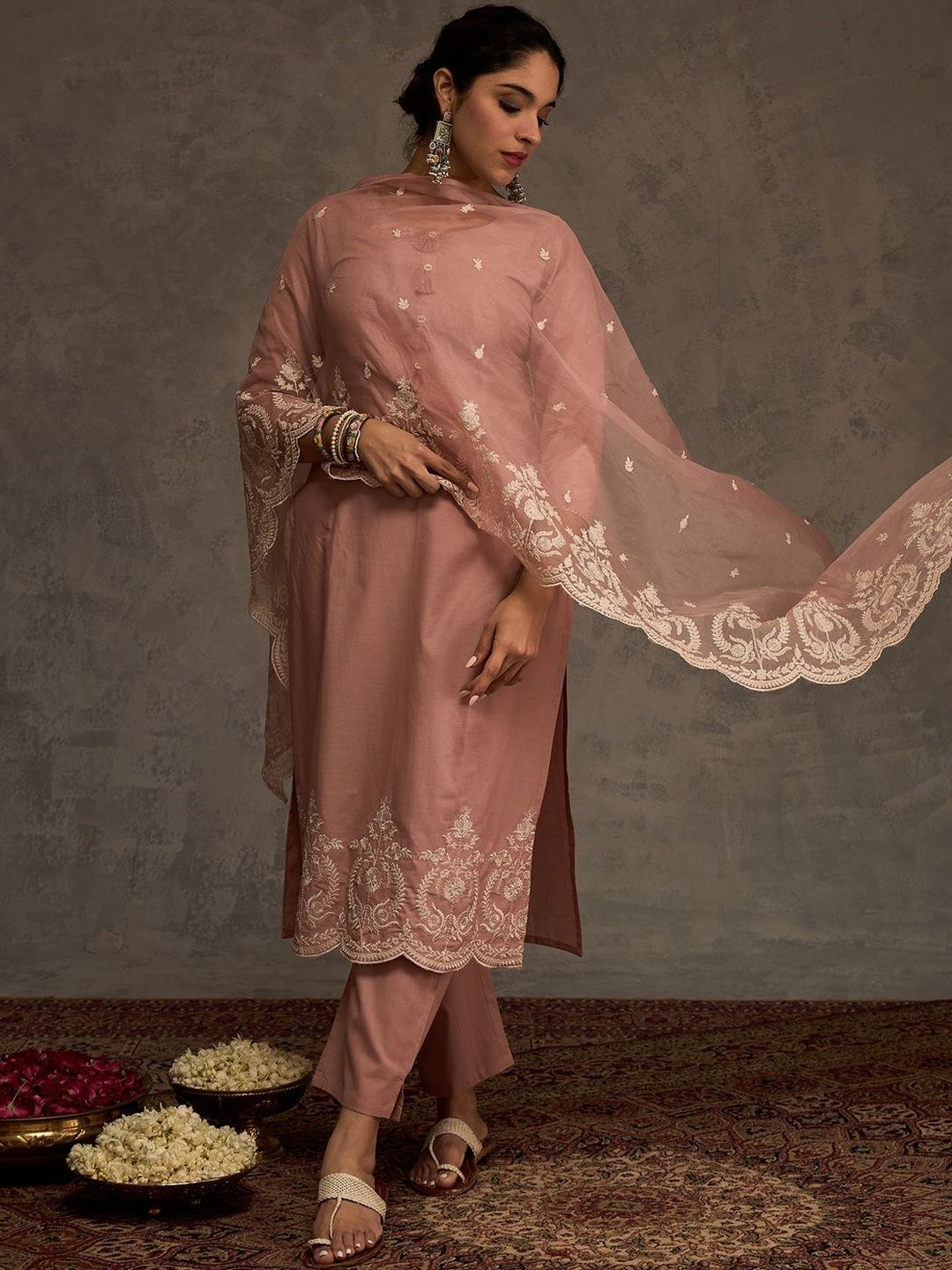 Floral Embroidered Thread Work Pure Cotton Straight Kurta & Trousers With Dupatta
