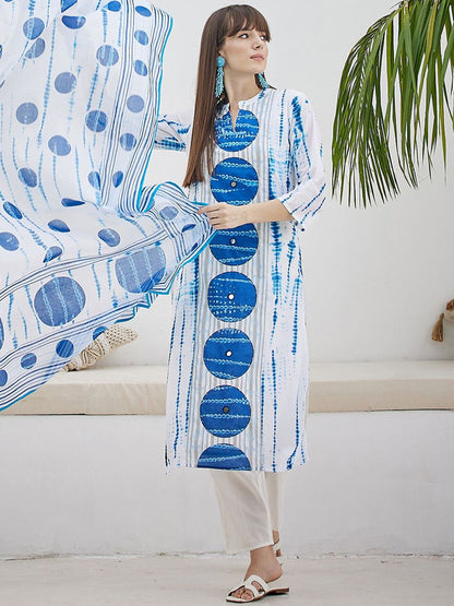 Tie And Dye Screen Technique Pure Cotton Kurta With Trousers & Dupatta