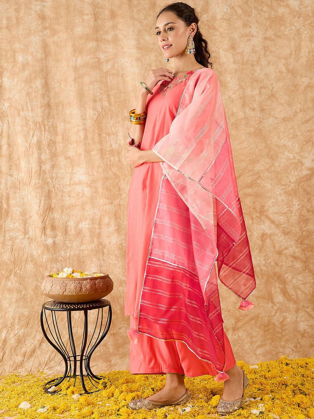 Floral Yoke Design Straight Sequinned Liva Kurta with Palazzos & Dupatta