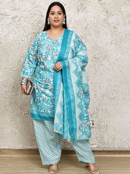 Dhiyona KL Floral Printed V-Neck Kurta With Salwar & Dupatta