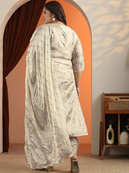 Dhiyona Women's Plus Size Printed V-Neck Straight Kurta With Trousers & Dupatta
