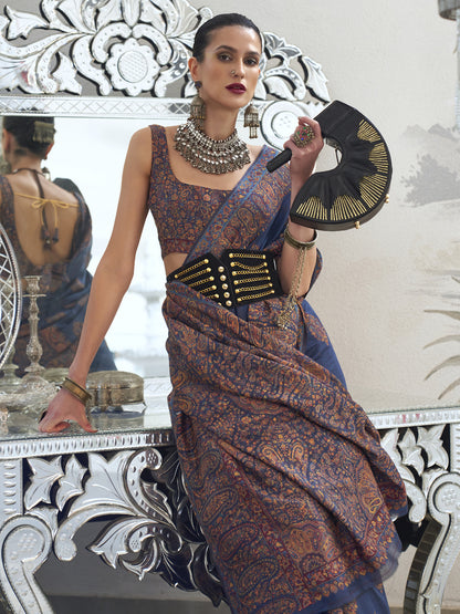 Women's Silk Blend Navy Blue Woven Design Designer Saree With Blouse Piece