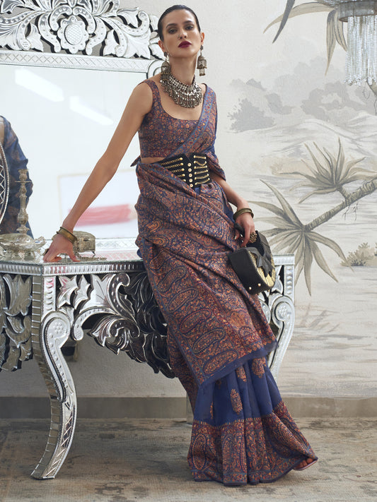 Women's Silk Blend Navy Blue Woven Design Designer Saree With Blouse Piece