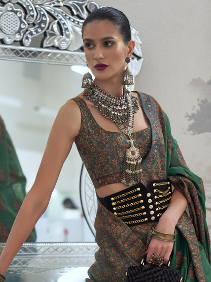 Women's Silk Blend Green Woven Design Designer Saree With Blouse Piece