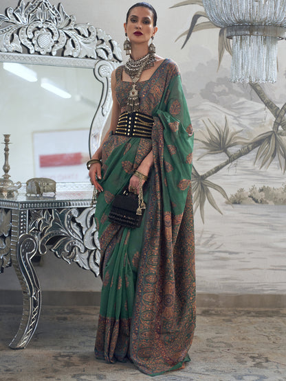 Women's Silk Blend Green Woven Design Designer Saree With Blouse Piece