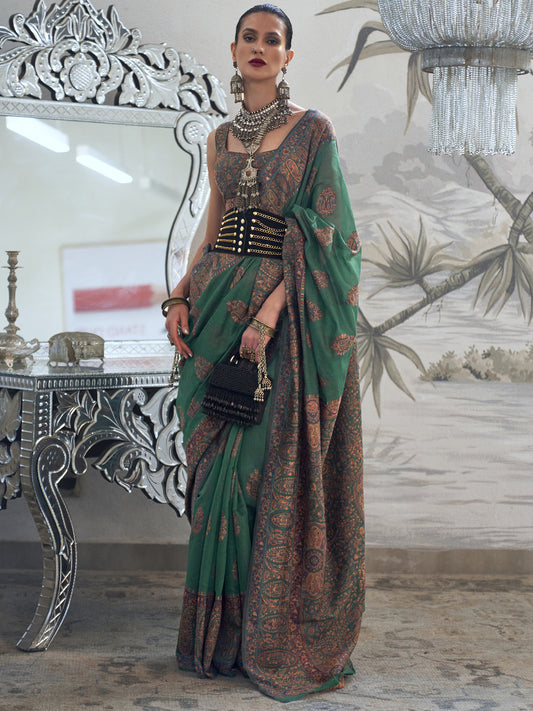 Women's Silk Blend Green Woven Design Designer Saree With Blouse Piece