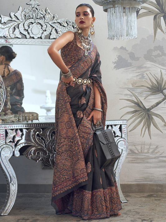 Women's Silk Blend Black Woven Design Designer Saree With Blouse Piece