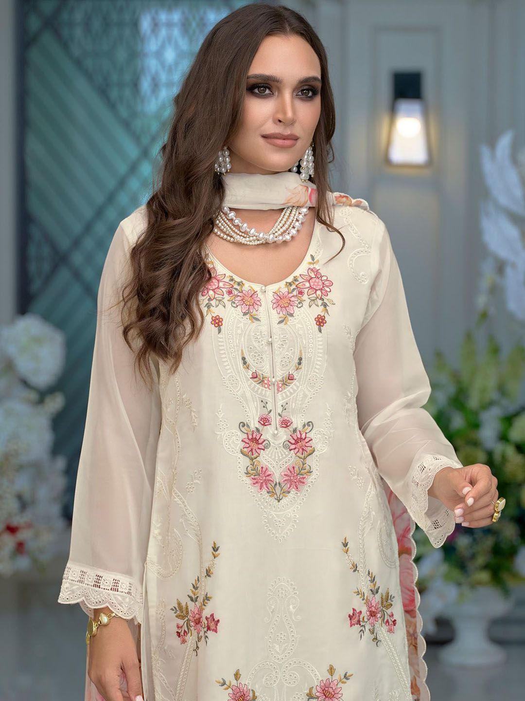 Women Ethnic Motifs Embroidered Regular Organza Kurta with Trousers & Dupatta