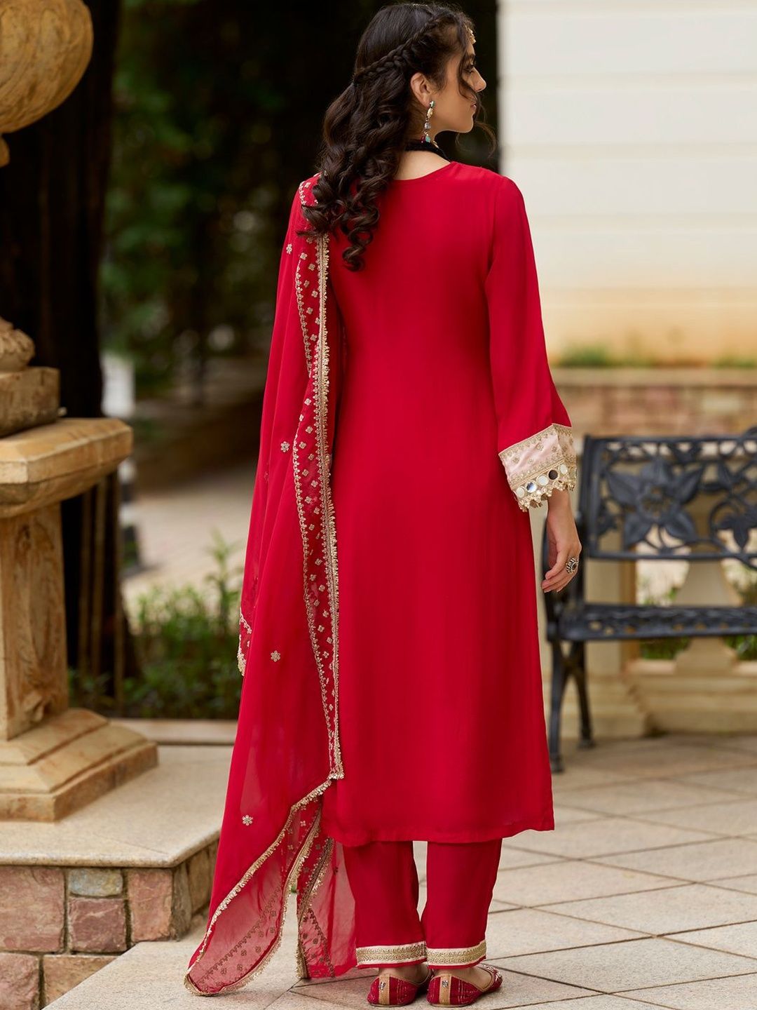 Ethnic Motifs Embroidered V-Neck Mirror Work Kurta With Trousers & Dupatta