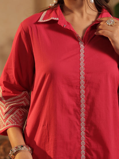 Dhiyona IE Women Embroidered Shirt Collar Pure Cotton Tunic & Trouser Co-Ord Set
