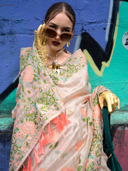 Women's Cotton Blend Cream Woven Design Designer Saree With Blouse Piece