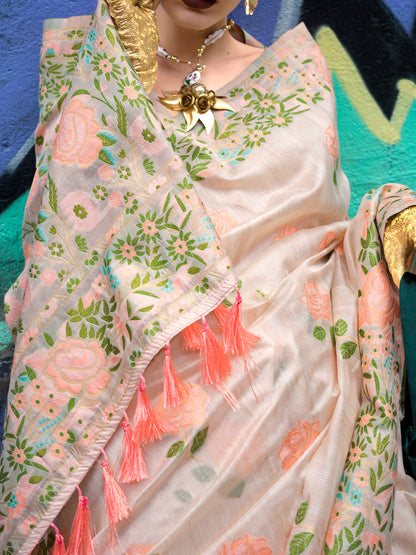 Women's Cotton Blend Cream Woven Design Designer Saree With Blouse Piece