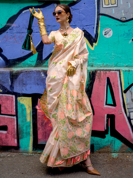 Women's Cotton Blend Cream Woven Design Designer Saree With Blouse Piece