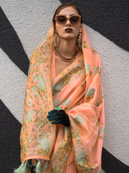 Women's Cotton Blend Peach Woven Design Designer Saree With Blouse Piece