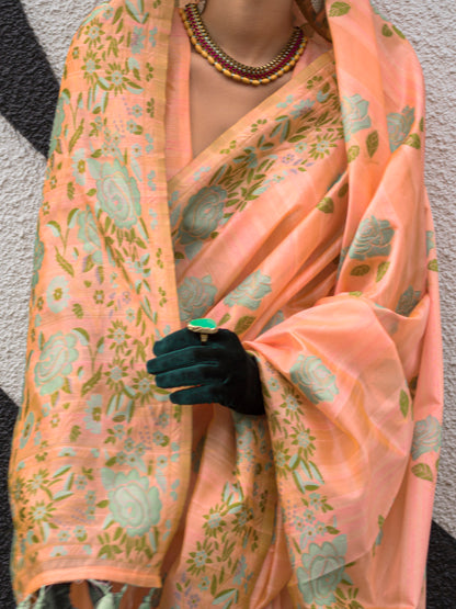 Women's Cotton Blend Peach Woven Design Designer Saree With Blouse Piece
