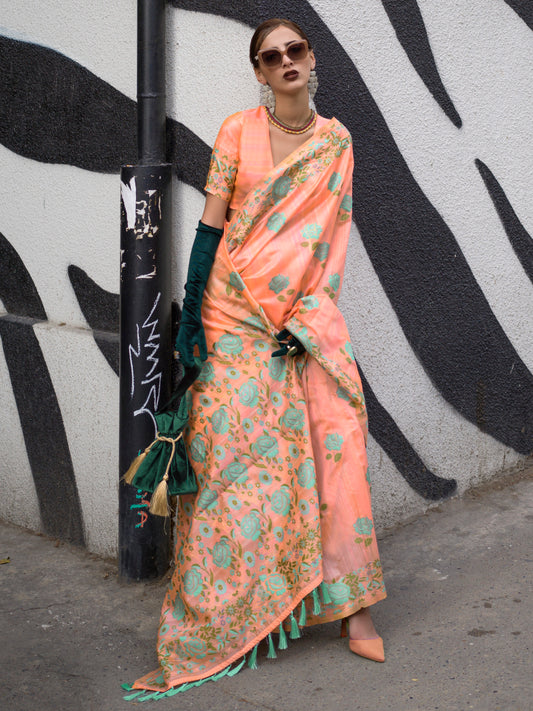 Women's Cotton Blend Peach Woven Design Designer Saree With Blouse Piece