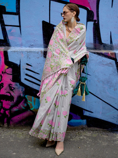 Women's Cotton Blend Grey Woven Design Designer Saree With Blouse Piece