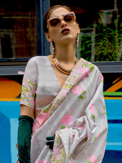 Women's Cotton Blend Grey Woven Design Designer Saree With Blouse Piece