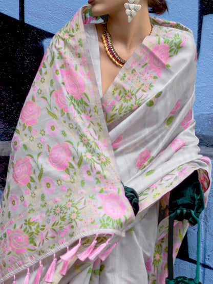 Women's Cotton Blend Grey Woven Design Designer Saree With Blouse Piece
