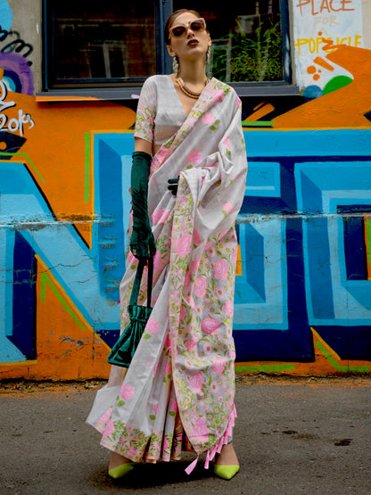 Women's Cotton Blend Grey Woven Design Designer Saree With Blouse Piece