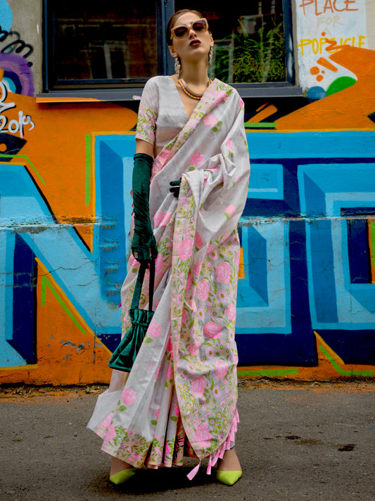 Women's Cotton Blend Grey Woven Design Designer Saree With Blouse Piece