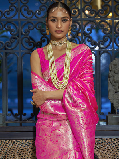 Women's Silk Blend Pink Woven Design Designer Saree With Blouse Piece