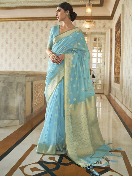 Women's Silk Blend Turquoise Woven Design Handloom Saree With Blouse Piece