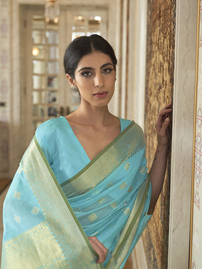 Women's Silk Blend Turquoise Woven Design Handloom Saree With Blouse Piece
