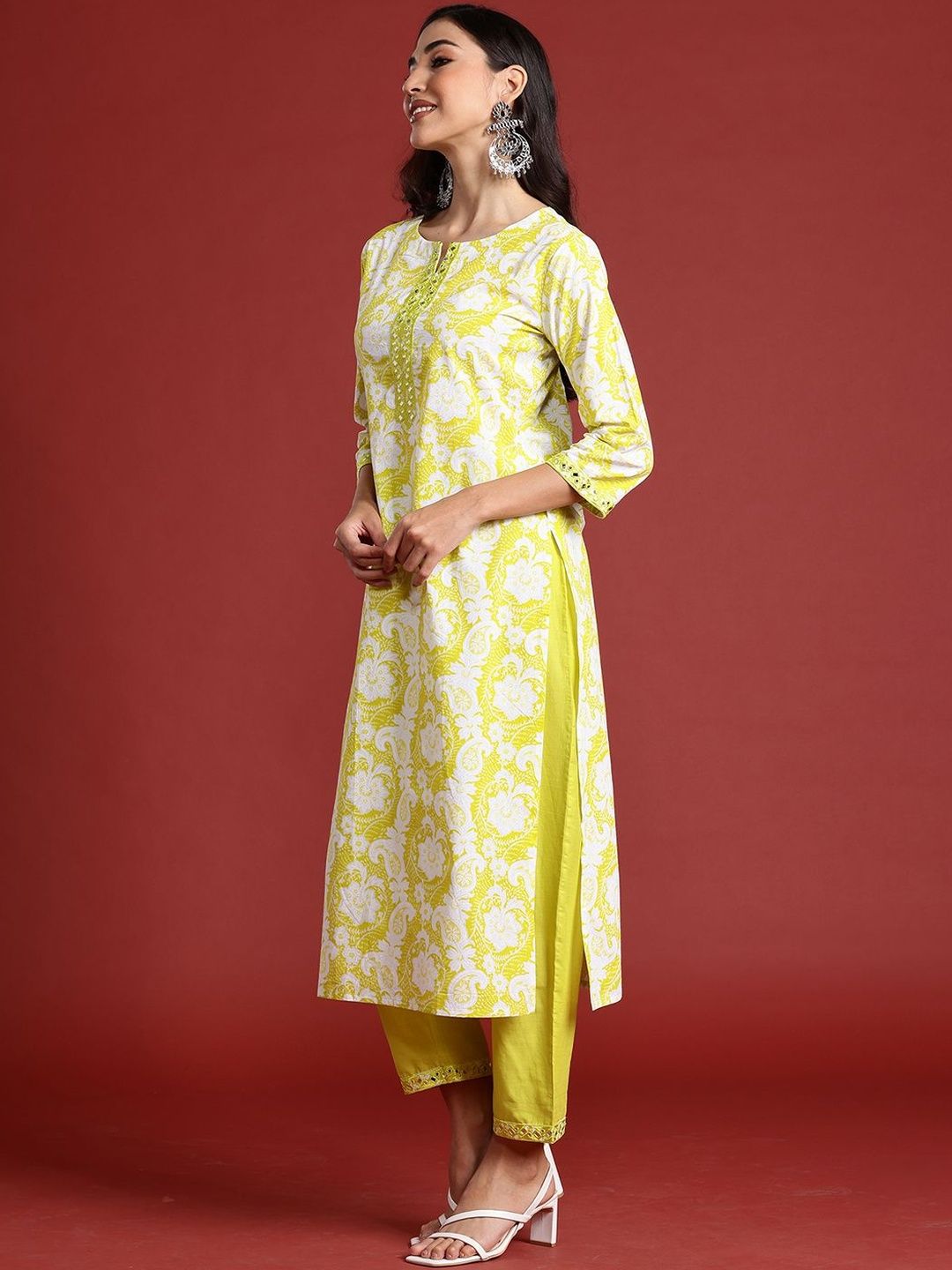Floral Printed Mirror Work Pure Cotton Kurta With Trouser And Dupatta