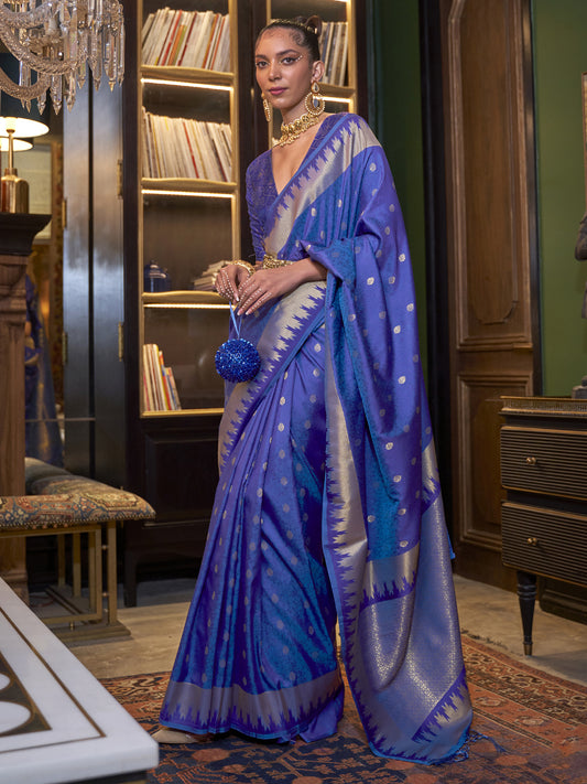 Women's Silk Blend Navy Blue Woven Design Designer Saree With Blouse Piece