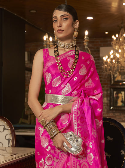 Women's Silk Blend Pink Woven Design Designer Saree With Blouse Piece
