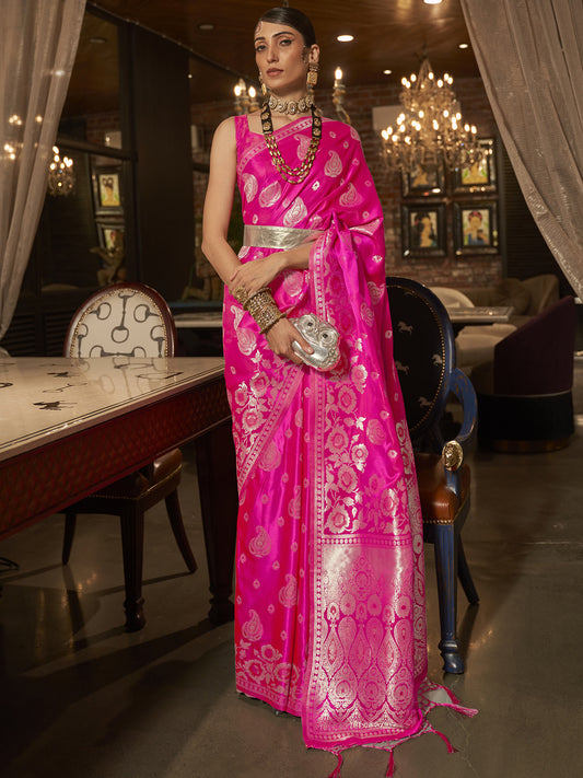 Women's Silk Blend Pink Woven Design Designer Saree With Blouse Piece