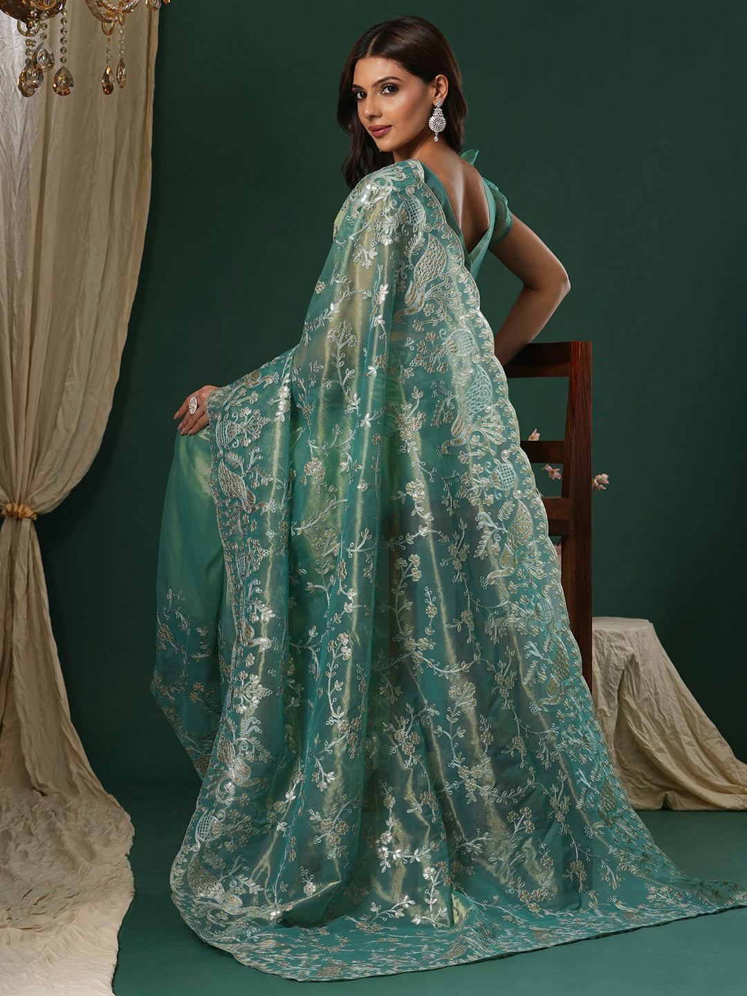 Women's Organza Teal blue Embroidered Designer Saree With Blouse Piece