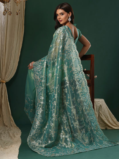 Women's Organza Teal blue Embroidered Designer Saree With Blouse Piece