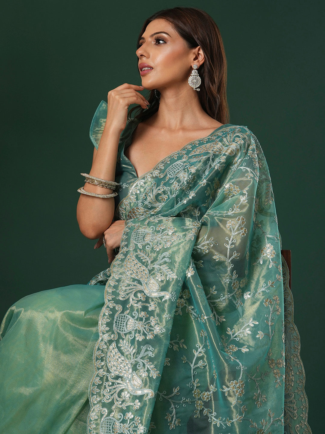 Women's Organza Teal blue Embroidered Designer Saree With Blouse Piece