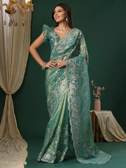 Women's Organza Teal blue Embroidered Designer Saree With Blouse Piece