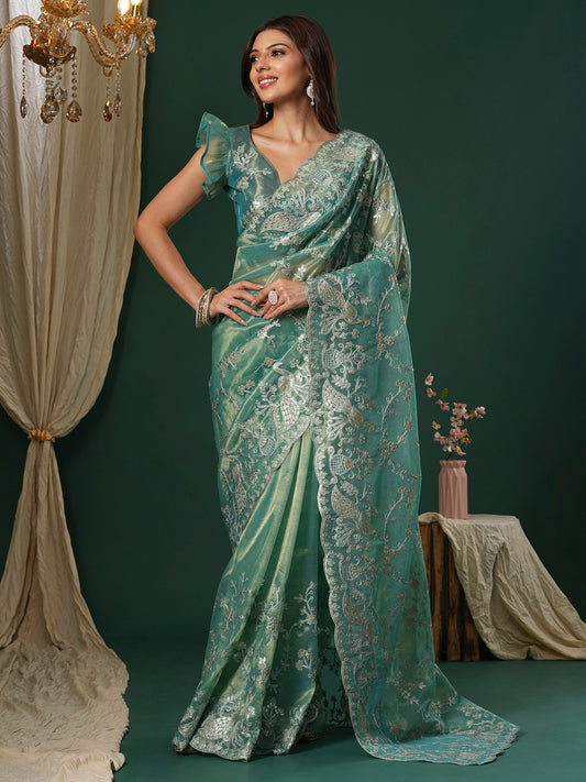 Women's Organza Teal blue Embroidered Designer Saree With Blouse Piece