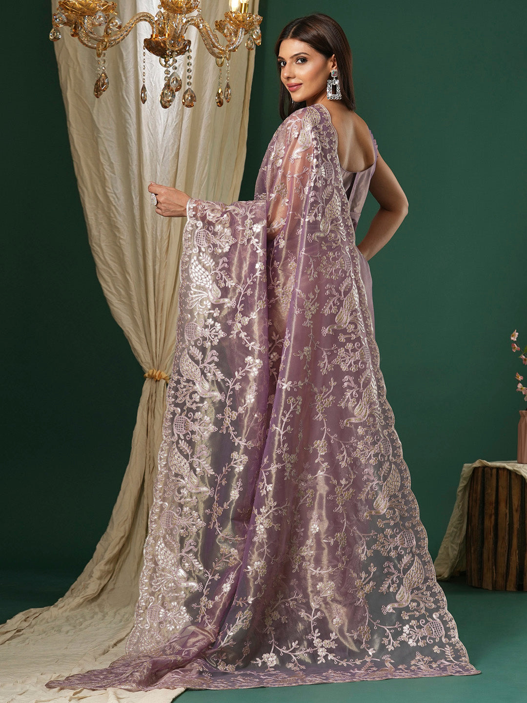 Women's Organza Mauve Embroidered Designer Saree With Blouse Piece