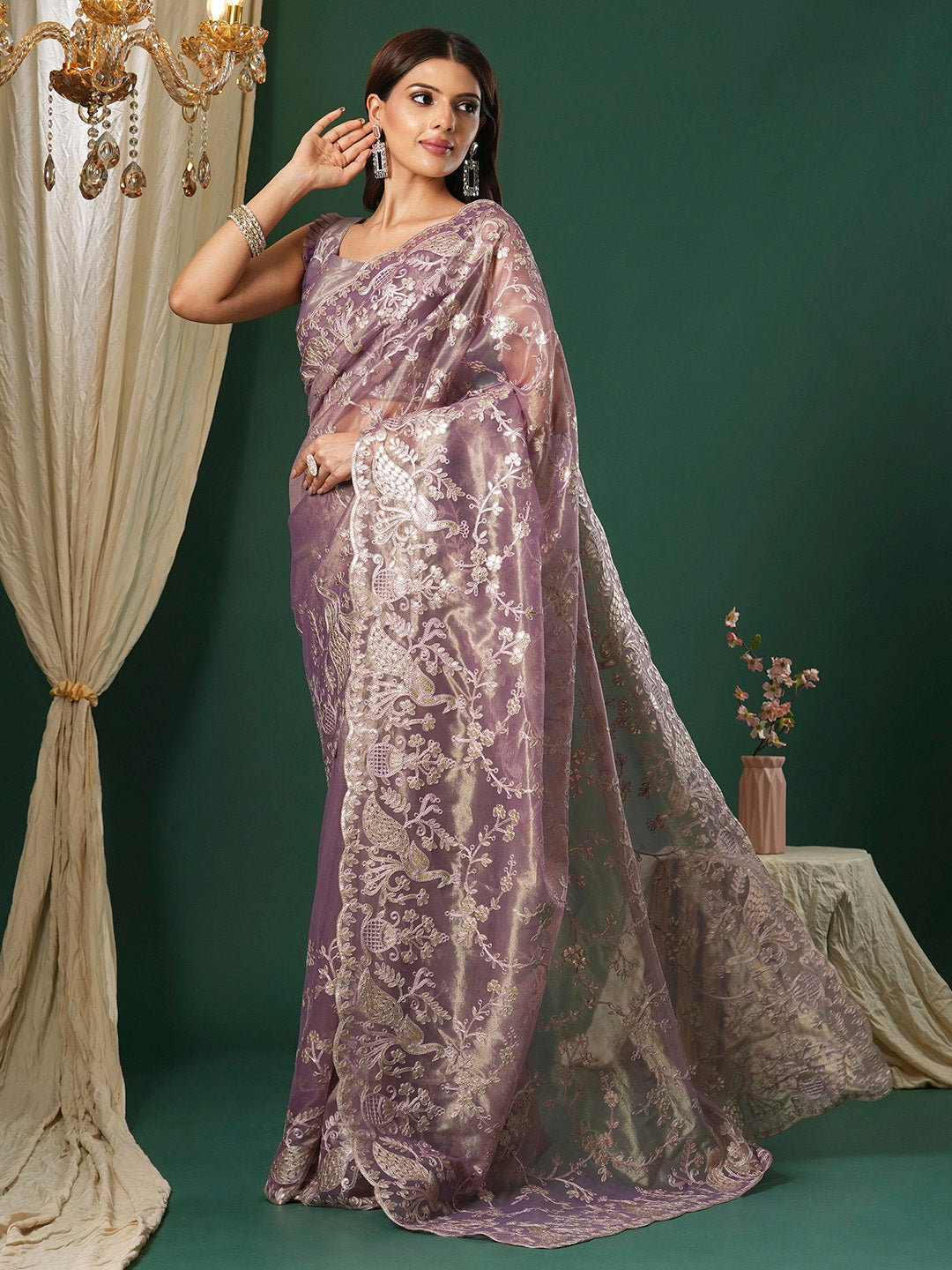 Women's Organza Mauve Embroidered Designer Saree With Blouse Piece