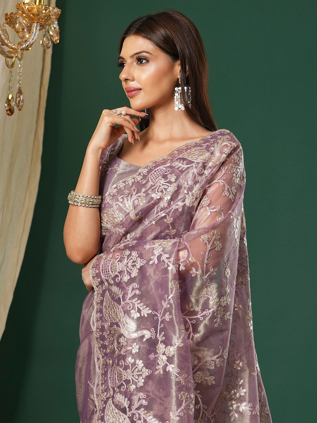 Women's Organza Mauve Embroidered Designer Saree With Blouse Piece