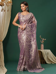 Women's Organza Mauve Embroidered Designer Saree With Blouse Piece